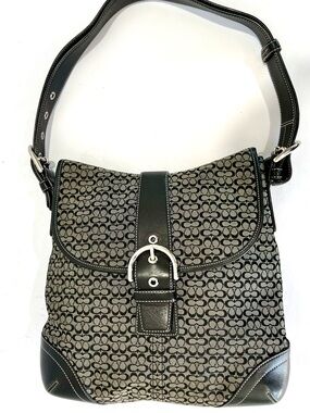 Coach‎ K3M-6376 Black & Gray Signature Canvas Leather Adj Shoulder Bag-Excellent